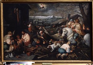 ""Miesiąc styczeń"" (styczeń) Myśliwi, kobiety przędą wełnę. Symbol Wodnika na niebie. Obraz Leandro Bassano da Ponte (1557-1622) Wymiary 146 x 192 cm Państwowe Muzeum Sztuki Tula Rosja