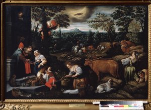 ""Miesiąc czerwiec"" (czerwiec) Praca w gospodarstwie przy zbiorze wiśni i pszenicy. Symbol znaku raka na niebie. Obraz Leandro Bassano da Ponte (1557-1622) 1595-1600 Państwowe Muzeum Sztuki Tula Rosja autorstwa Leandro da Ponte Bassano