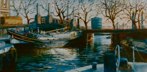 Grosvenor Dock, 2001 (olej na papierze) Łódź zacumowana w doku Tamizy autorstwa Lee Campbell