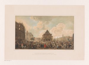 Tama w Amsterdamie z pałacem w budowie Plac Dam z ratuszem w budowie, 1656 (tytuł na obiekcie) autorstwa Leendert Izaac Frederikus Grondijs