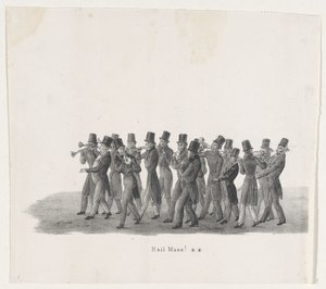 Muzycy w procesji uczniów Leiden, 1835 Witaj Muzo! (tytuł na obiekcie) Indywidualne występy, na które wstępuje H.H. Uczniowie Leidsche Hoogeschool 9 lutego 1835, zamknięte (tytuł serii na obiekcie) autorstwa Leendert Springer (I)