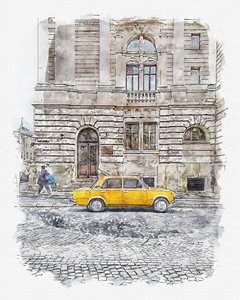 Klasyczna ulica z żółtymi samochodami autorstwa Lembayung senja studio [Vintage Poster]