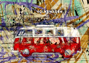 Kolorowe grafiki w stylu retro przedstawiające furgonetki autorstwa Lembayung senja studio [Vintage Poster]