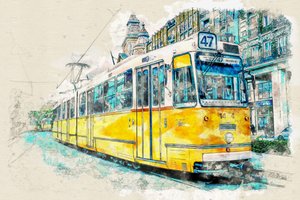 Akwarela przedstawiająca tramwaj miejski autorstwa Lembayung senja studio [Vintage Poster]