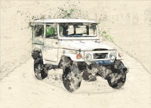 Rysunek w stylu vintage przedstawiający terenowe pojazdy