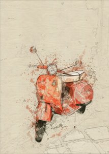 Grafika przedstawiająca czerwoną Vespa w stylu vintage