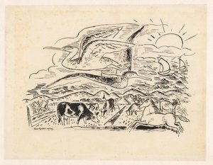 Dwa ptaki przelatują nad krajobrazem z bydłem autorstwa Leo Gestel (signed by artist)