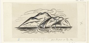 Dwa żaglowce przed wyspą z górami autorstwa Leo Gestel (signed by artist)