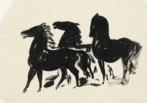 Trzy czarne konie stoją patrząc w lewo autorstwa Leo Gestel