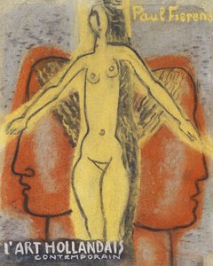 „Naga kobieta między głowami dwóch mężczyzn odwróconych od siebie” (1933) autorstwa Leo Gestela. autorstwa Leo Gestel