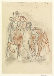 Nagi mężczyzna trzyma w szachu dwa konie autorstwa Leo Gestel