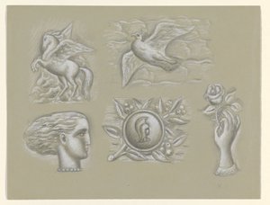 Pegaz, gołąb, głowa kobiety, broń i ręka z różą autorstwa Leo Gestel