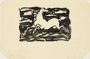 Koń skaczący z odwróconą głową w kadrze z falami w tle. Koń bez tytułu autorstwa Leo Gestel