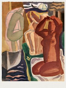 Dwie kąpiące się kobiety i postać na moście – Leo Gestel, 60 x 80 cm, biała ramka