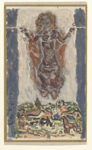 Kobieta z wyciągniętymi ramionami nad krajobrazem autorstwa Leo Gestel