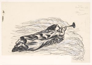Kobieta z trąbką, unosząca się na chmurach autorstwa Leo Gestel
