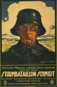 Batalion Szturmowy Schmidta; Niemieccy mężczyźni wstrząsają twoją ojczyzną! 1919 (litografia kolorowa) autorstwa Leo Impekoven