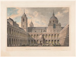 Zicht op de Courtyard of the Evangelists van het Klasztor San Lorenzo de El Escorial Widok na Dziedziniec Ewangelistów Klasztoru R. S. Lorenzo (tytuł na obiekcie)