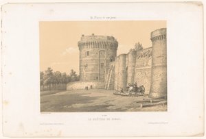 Widok jednej z wież zamku Dinan Le château de Dinan (tytuł na obiekcie) Współczesna Francja (tytuł serii) La France de nos jours (tytuł serii na obiekcie) autorstwa Leon Auguste Asselineau