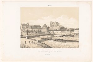 Widok na zamek i Pont de la Rotonde nad Loarą w Nantes Nantes. Vue du chateau et du pont de la Rotonde (tytuł obiektu) Współczesna Francja (tytuł serii) La France de nos jours (tytuł serii) autorstwa Leon Auguste Asselineau