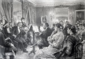Kwartet czyli wieczór muzyczny w domu Amaury Duval, 1881 (węgiel na papierze) autorstwa Leon Augustin Lhermitte