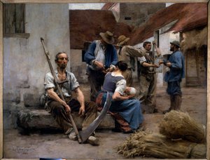 Lista płac chłopskich żniwiarzy na podwórku, jeden z nich ma podróbkę. Obraz Leon Augustin Lhermitte (1844-1925) 1882 Nd. 2,15x2,72 m Paryż, musee d