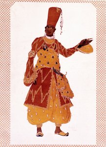 Kostium wielkiego eunucha narysowany przez Lwa Samojłowicza Rosenberga zwanego Leonem Bakst (1866-1924) do baletu „Szeherezada” (lub Szeherezada) skomponowanego przez Nikołaja Andriejewicza Rimskiego-Korsakowa (Rimski Korsakow lub Rimski Korsakow). autorstwa Leon Bakst