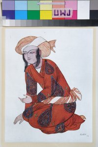 Kostium do baletu Szeherezada Nikołaja Rimskiego Korsakowa (Rimski-Korsakow) (1844-1908) - Dzieło Leona Baksta (1866-1924), litografia 1922 - (Projekt kostiumu do baletu Szeherezada Nikołaja Rimskiego Korsakowa, Leon Bakst , Kolor cząstka pomarańczy autorstwa Leon Bakst