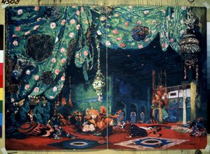 Zestaw do baletu „Szeherezada” Mikołaja (Nikołaja) Rimskiego Korsakowa (Rimski-Korsakow) (1844-1908) z filmu Po baśniach tysiąca i jednej nocy. (Scenografia do baletu Szeherezada N. Rimskiego Korsakowa (Rimsky-Korsakov). Rysunek Leon Bakst (1866-1). autorstwa Leon Bakst