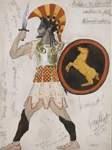 Projekt kostiumu Polluxa w „Hélène de Sparte” (grafit i akwarela ze złotą farbą na złamanym białym papierze) autorstwa Leon Bakst