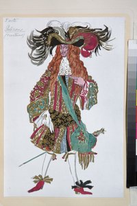 Galisson, kostium do baletu Śpiąca Królewna Piotra Czajkowskiego - Dzieło Leona Baksta (1866-1924), litografia 1921 - (Galisson, projekt kostiumu do baletu Śpiąca Królewna Czajkowskiego, Leon Bakst, litografia kolorowa autorstwa Leon Bakst