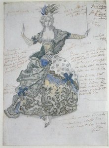 La Belle au Bois Dormant, projekt kostiumu dla „La Fee de Richesse” (akwarela na ołówku podkreślona bielą i złotem na papierze) autorstwa Leon Bakst