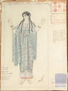 Dama dworu, projekt kostiumu do filmu „Hipolytus” Eurypidesa (wc, tusz i gwasz na papierze) autorstwa Leon Bakst