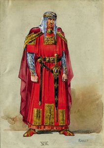 Średniowieczny Książę, Projekt kostiumu (akwarela i gwasz na papierze) autorstwa Leon Bakst