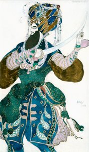 Szach Persji, projekt kostiumów do Szeherezady w inscenizacji Baletów Rosyjskich, ok. 1913 r. autorstwa Leon Bakst
