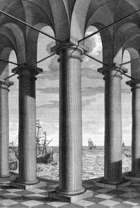 Na architekturze za budynkiem wspartym na arkadach pojawia się pejzaż morski: plansza zaczerpnięta z „De Architectura Libri decem” Leona Battisty Albertiego (1404-1472), architekta, matematyka, włoskiego poety renesansu, Londyn