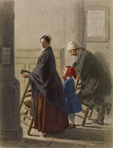 Mężczyzna, kobieta i dziewczyna na modlitwie w kościele, 1864 (toaleta i grafit na papierze) autorstwa Leon Henri Antoine Loire