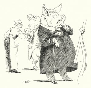 Fryzjer, fryzjer, ogolić świnię; z ilu włosów powstanie peruka? (rytownictwo) autorstwa Leonard Leslie Brooke
