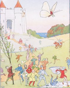 Wskoczył na grzbiet motyla i został wyniesiony w powietrze. autorstwa Leonard Leslie Brooke