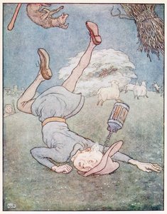 Mężczyzna na księżycu spadł z pubu A Nursery Rhyme Picture Book. 1914. autorstwa Leonard Leslie Brooke