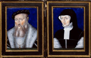 Portret Claude de Lorraine (1496-1550), księcia Guise i Antoniny Bourbon Vendome (1494-1583), jego żony Enamel pędzla Leonarda Limosina (1505-1577) ok. 1550 r. Słońce. 0,25x0,2 m Ecouen, Musee national de la renesans