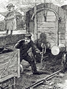 Kreskówka komentująca wypadki pracowników kolei. Ilustrował Leonard Raven-Hill (1867-1942), angielski artysta, ilustrator i rysownik komiksów z XX wieku. autorstwa Leonard Raven Hill