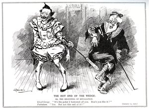 Lloyd George, jako prezes Izby Handlowej, chroniący brytyjski przemysł przed niemiecką konkurencją na mocy „Patents and Designs Act” z 1907, 1909 autorstwa Leonard Raven Hill