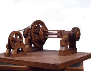 Drewniany model (model) kół zębatych i kół oparty jest na projekcie Leonarda da Vinci (Leonard de Vinci) (1452-1519) Muzeum Nauki i Techniki, Mediolan.