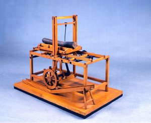 Drewniany model (model) piły hydraulicznej sterowanej przekładniami i wodą. Wykonane według rysunku Leonarda da Vinci (Leonard de Vinci) (1452-1519) Muzeum Nauki i Techniki, Mediolan.