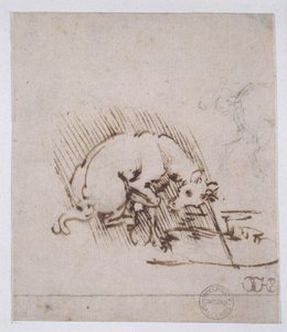 Jednorożec zanurzający róg w kałuży wody, ok.1481 (pióro, atrament i metalowy czubek na papierze) autorstwa Leonardo da Vinci