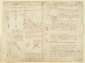Arundel 263 f.107v f.104 Uwagi i diagramy dotyczące mechaniki, z „Codex Arundel”, c.1506-8 (pióro i atrament na papierze) autorstwa Leonardo da Vinci