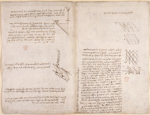 Arundel 263, f.120v, f.121 Uwagi i wykresy dotyczące mechaniki dotyczące prędkości cieczy, c.1503-6 (pióro i atrament na papierze) autorstwa Leonardo da Vinci