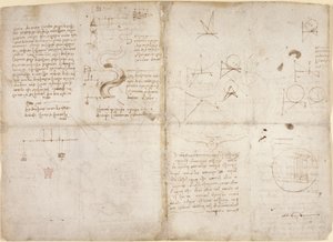 Arundel 263, f.135v, f.134, Uwagi i wykresy dotyczące mechaniki; notatki i schematyczne szkice dotyczące cieków rzecznych i przepływu wody, z 