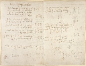 Arundel 263, f.220v, f.221, Uwagi; obliczenia matematyczne, z „Codex Arundel” (pióro i atrament na papierze) autorstwa Leonardo da Vinci